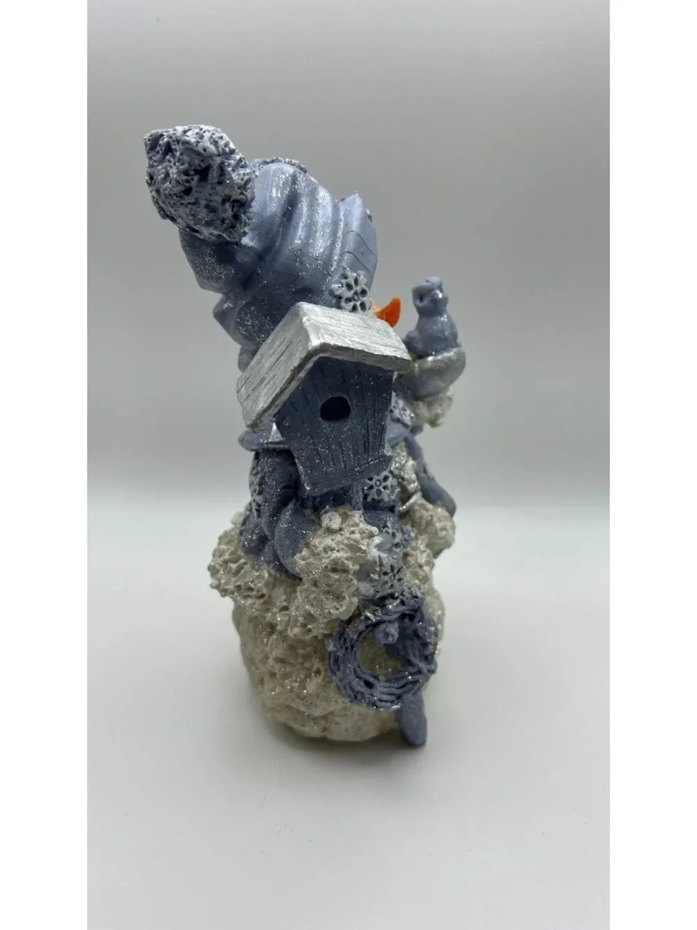 Snowman Figurine With Bird & Glitter Accents - Winter Decor - Blue & White